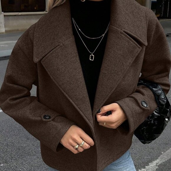 Coffee Brown Casual Women's Large Lapel Decorated Button Long Sleeve Coat - Picture 3 of 7